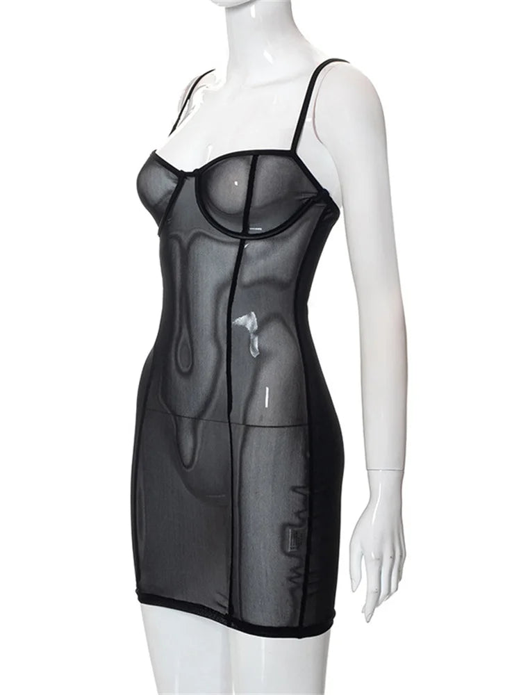 CHRONSTYLE Mesh Sheer See Through Sexy Women Dresses Black Party Clubwear Summer 2023 Sleeveless Strap V-neck Slim Dress Vestido