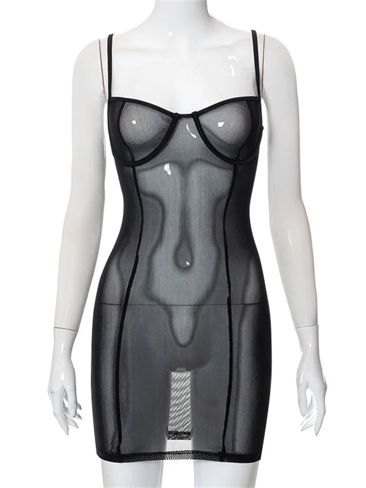 CHRONSTYLE Mesh Sheer See Through Sexy Women Dresses Black Party Clubwear Summer 2023 Sleeveless Strap V-neck Slim Dress Vestido