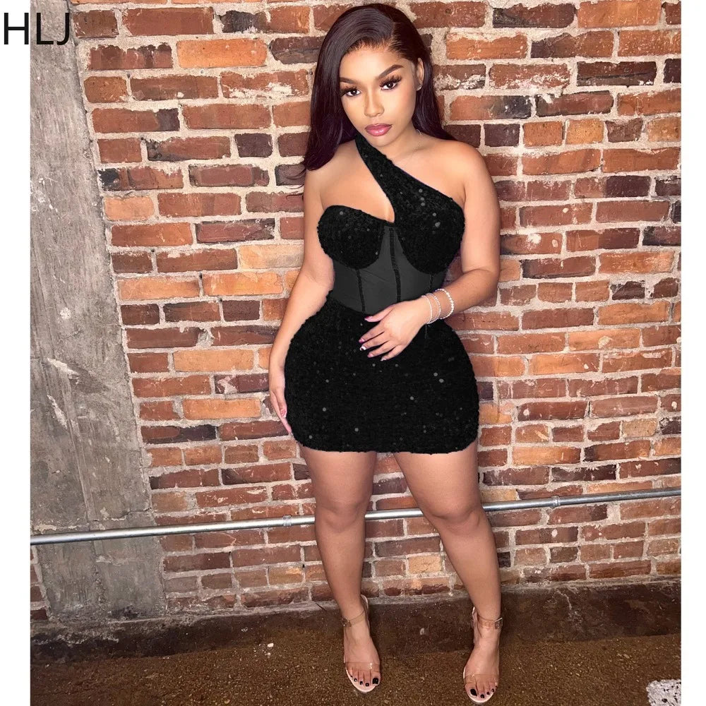 HLJ Black Woman Party Night Birthday Sequins Bodycon Dress Elegant Sexy Off Shoulder Mesh Patchwork Mini Dresses Club Outfit