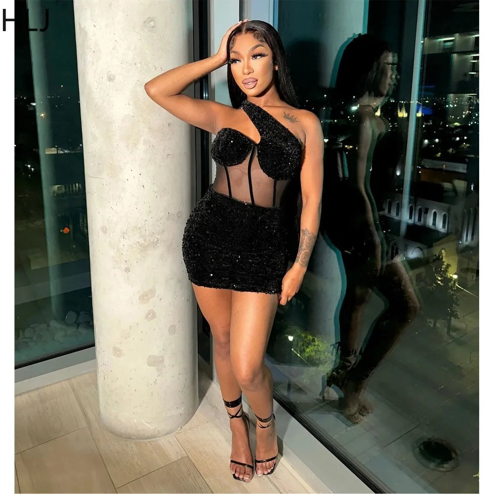 HLJ Black Woman Party Night Birthday Sequins Bodycon Dress Elegant Sexy Off Shoulder Mesh Patchwork Mini Dresses Club Outfit